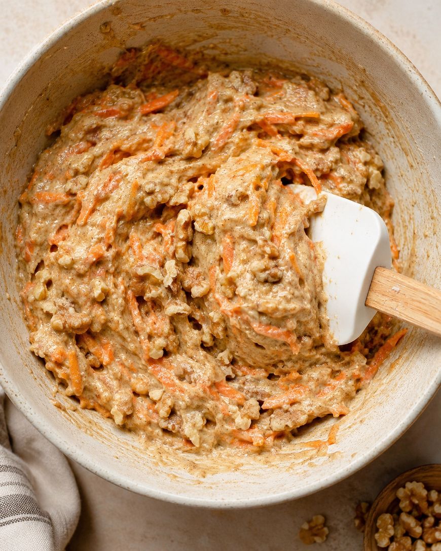 Folding shredded carrot and mix-ins into muffin batter
