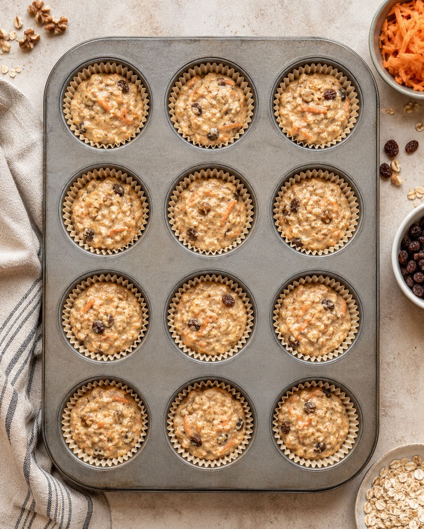 Unbaked morning glory muffin batter in a lined muffin tin