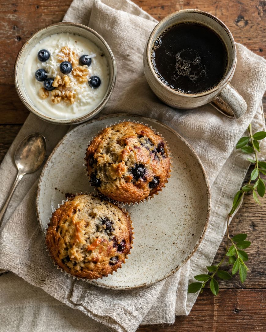 A breakfast spread with morning glory muffins, yogurt, and coffee