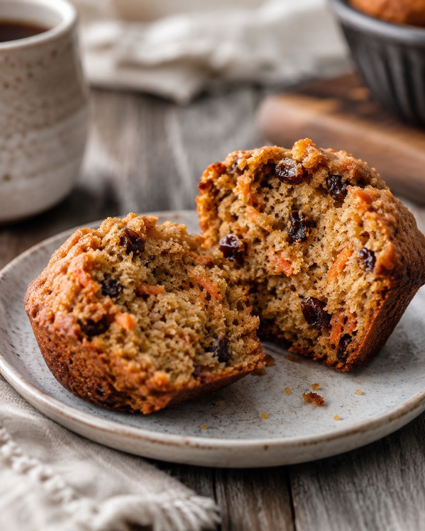 A vegan morning glory muffin split open showing the moist interior