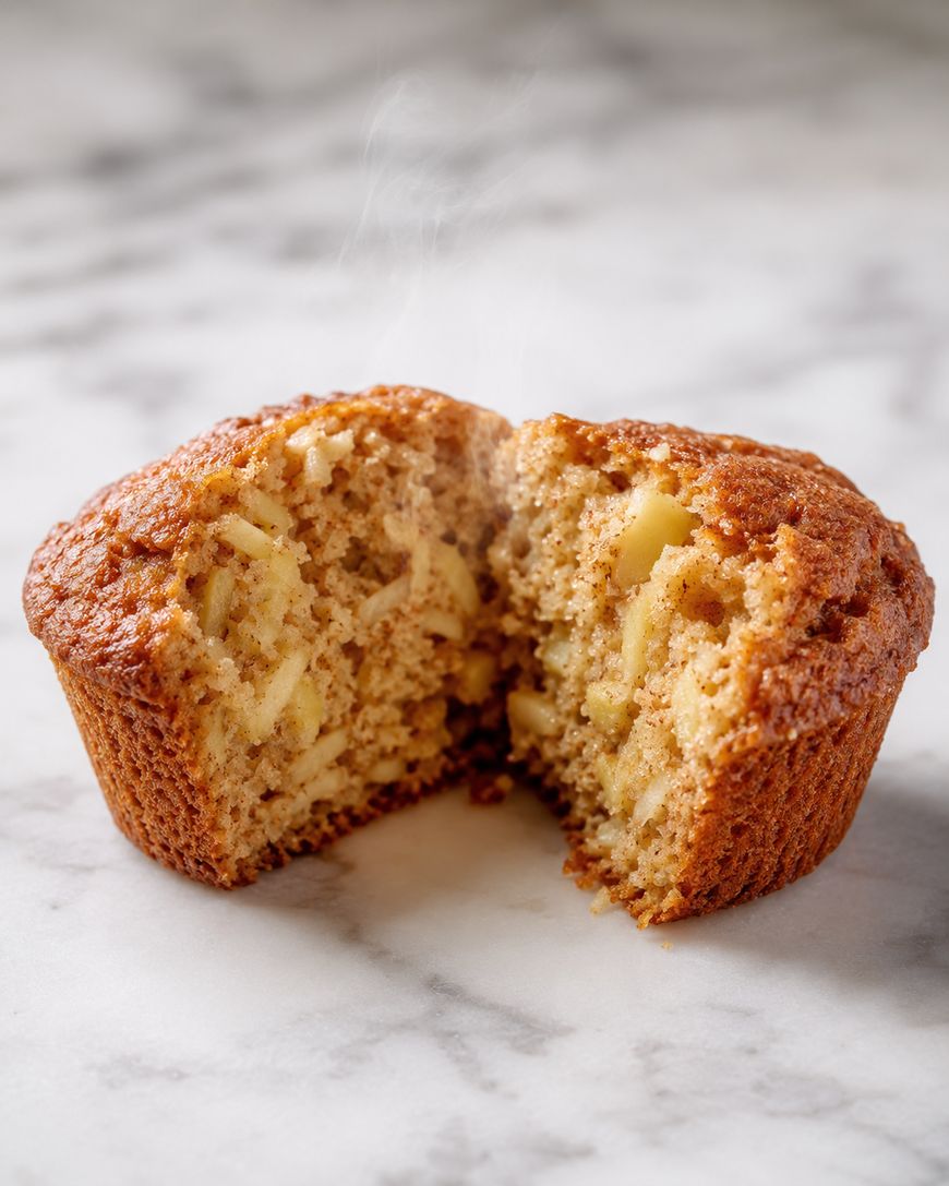A moist muffin split in half on a marble surface, showing a soft, airy interior with visible apple pieces and a hint of steam rising.
