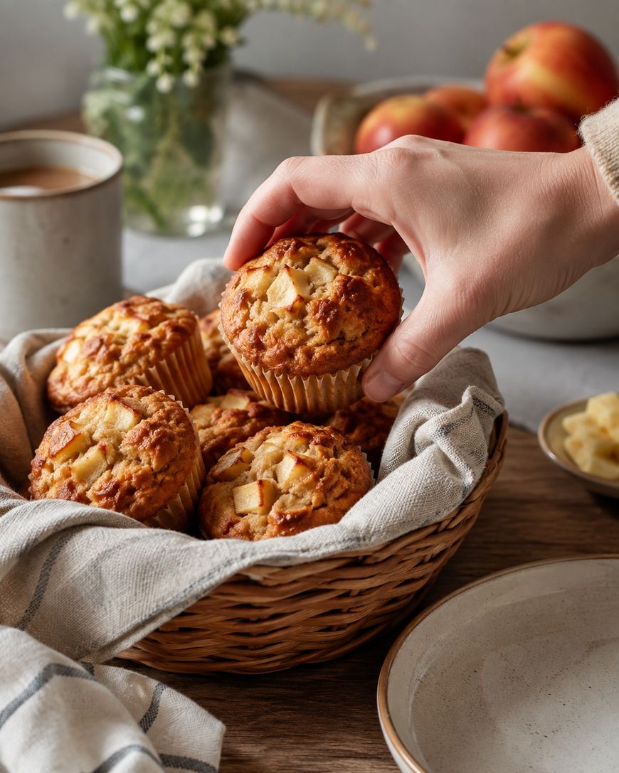 A hand picks up an apple muffin from a basket lined with a striped cloth. Other muffins, a cup of coffee, apples, and a plate are nearby on a wooden table.