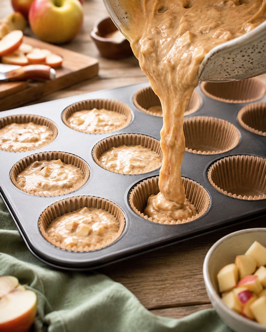 Batter with apple chunks is poured into a muffin tin lined with paper cups. Sliced apples and a bowl of diced apples are nearby on a wooden table.