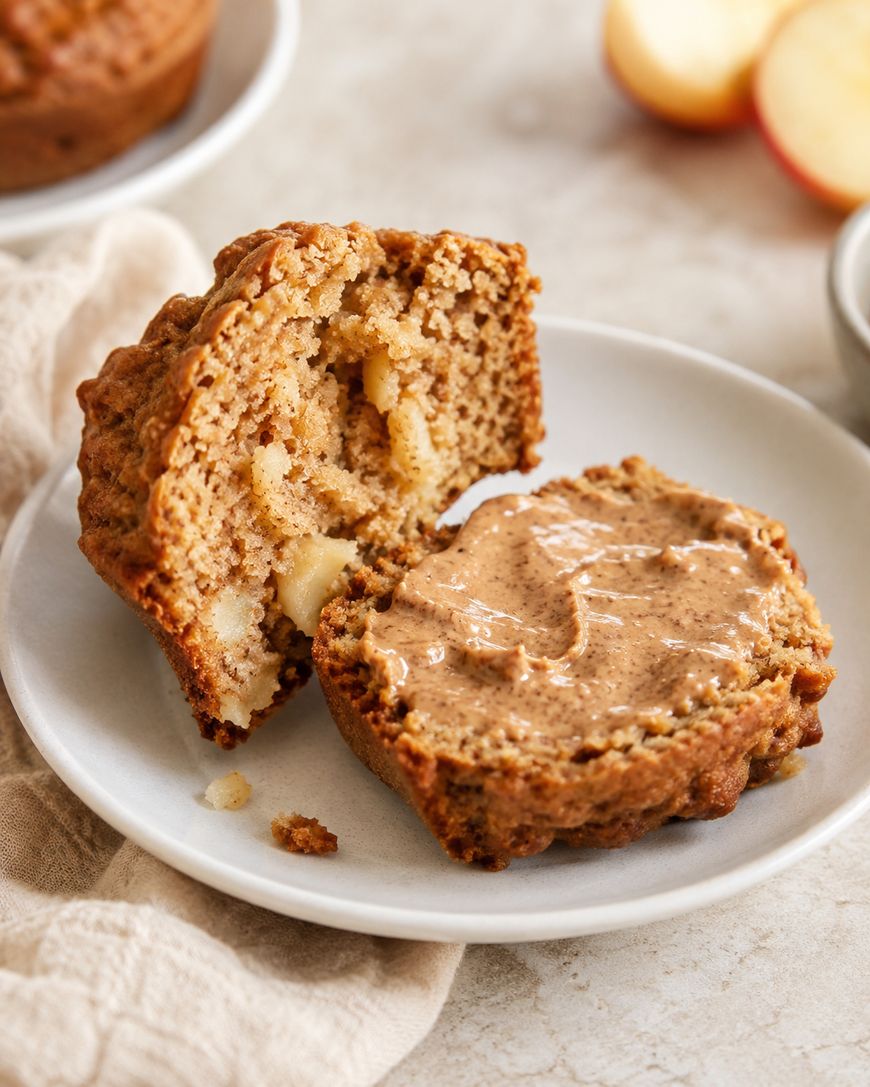 A sliced muffin with visible apple pieces sits on a white plate; one half is spread with almond butter. In the background, theres a beige cloth and blurred apple slices.