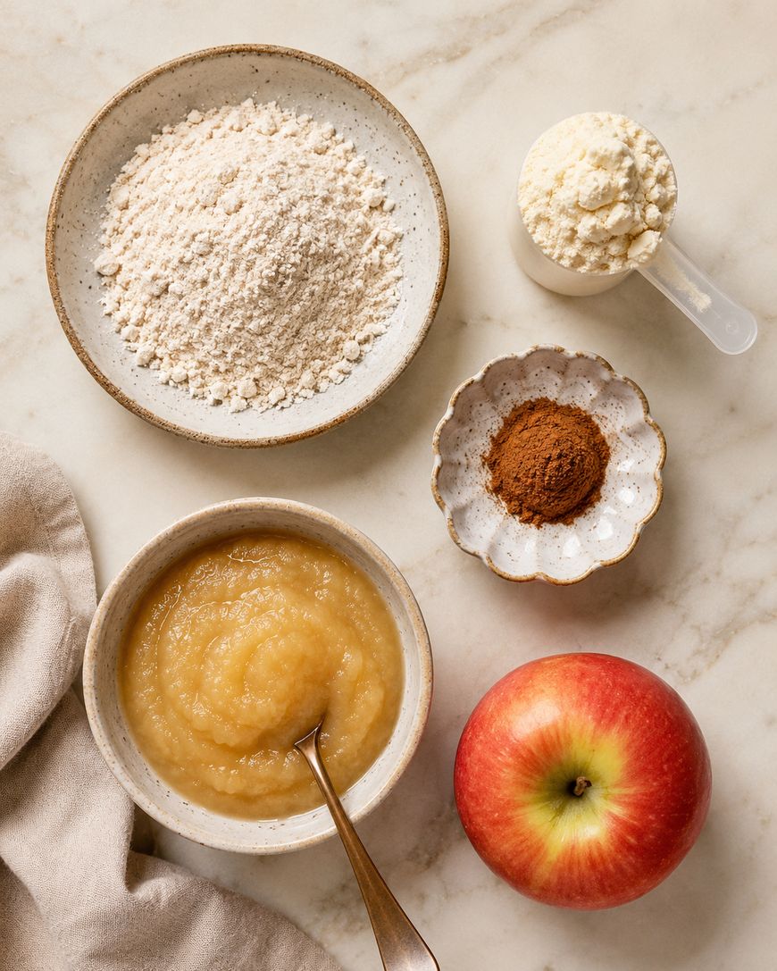 A bowl of flour, a scoop of protein powder, a small dish of cinnamon, a bowl of applesauce with a spoon, and a whole red apple are arranged on a marble surface.