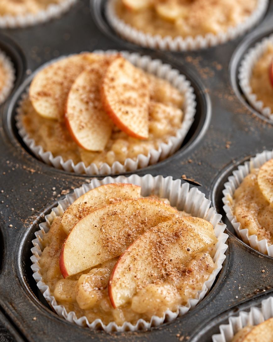 Unbaked muffins in a muffin tin, topped with thin apple slices and sprinkled with cinnamon, in white paper liners.