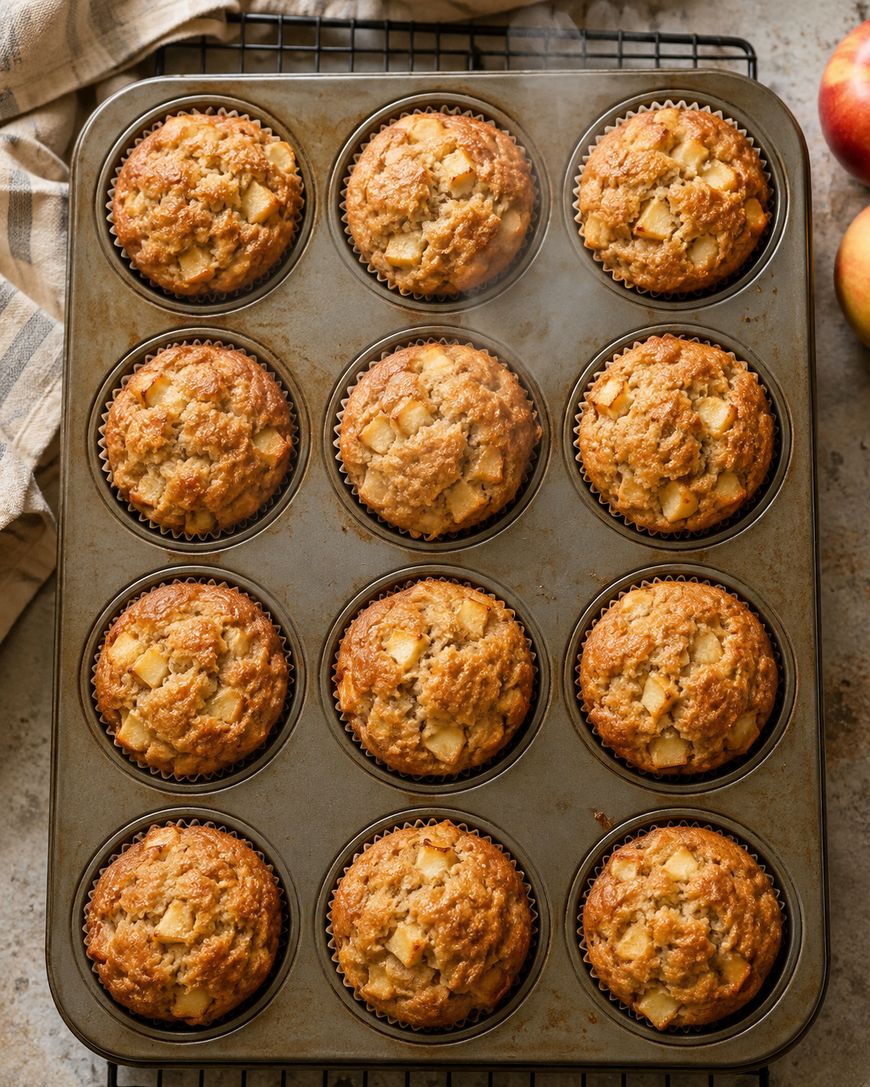 A muffin tray holds twelve golden-brown muffins with visible apple chunks, resting on a cooling rack next to a striped towel and apples. Steam rises from the freshly baked muffins.