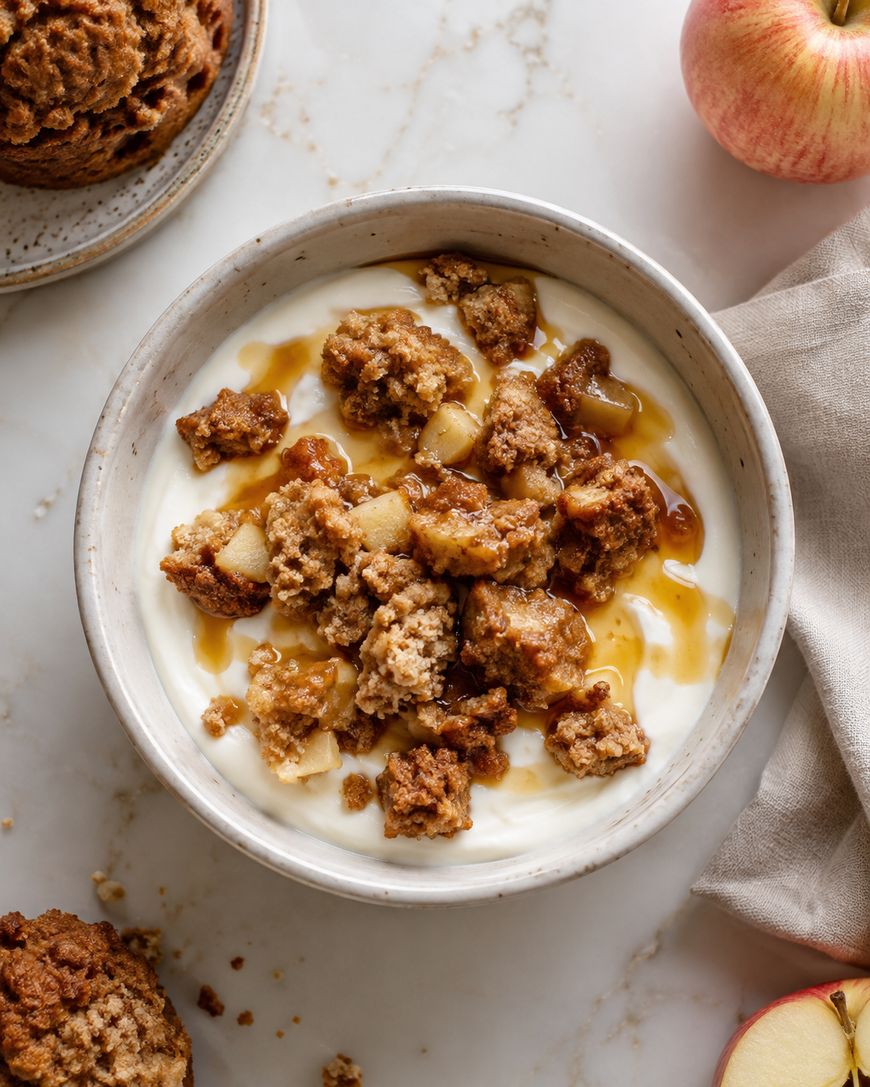 A bowl of yogurt topped with apple crumble and drizzled with caramel sauce sits on a marble surface. An apple, a napkin, and a plate with more crumble are nearby.